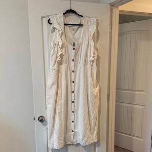 Pilcro sold by Anthropologie, white cotton/linen blend button down ruffle dress.